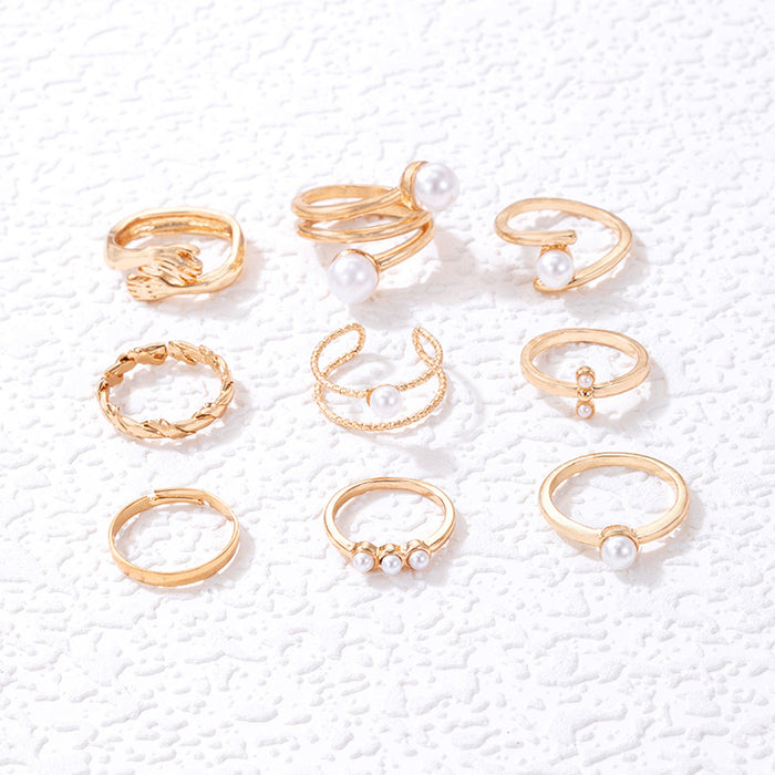 Elegant Pearl Ring Set - 9-Piece Geometric Twisted Hand Rings