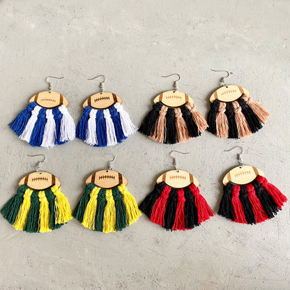 American Football Cheerleader Themed Woven Tassel Wooden Earrings for a Unique Stylish Look