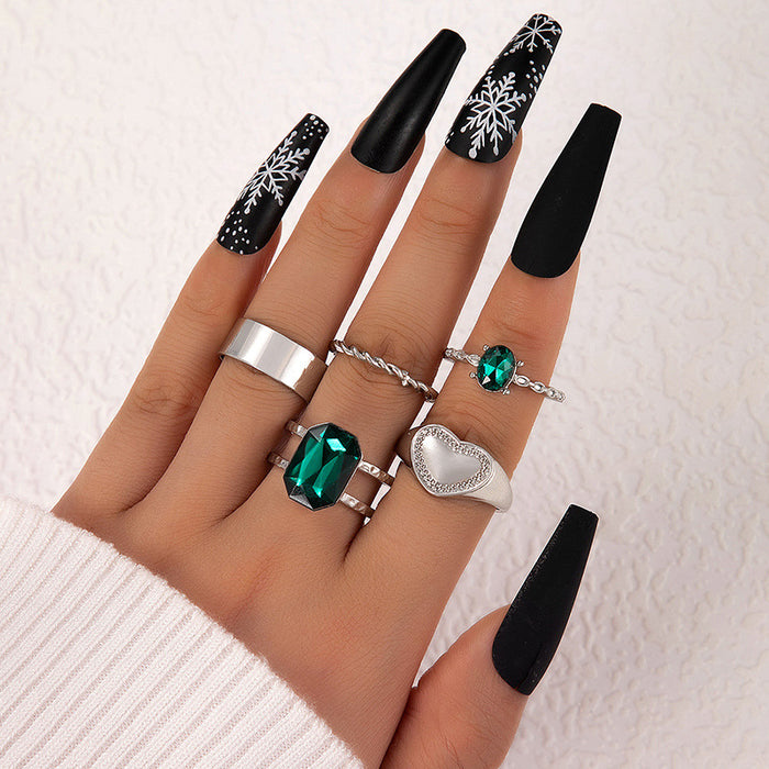 Imitation Emerald Geometric Heart Five-Piece Ring Set