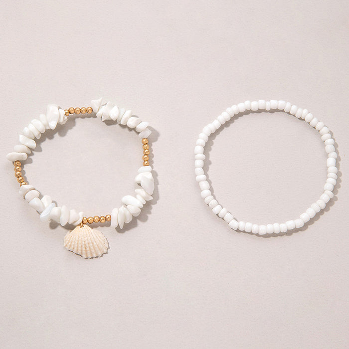 White Stone Shell Beaded Anklet Set - Boho Beach Style Foot Jewelry