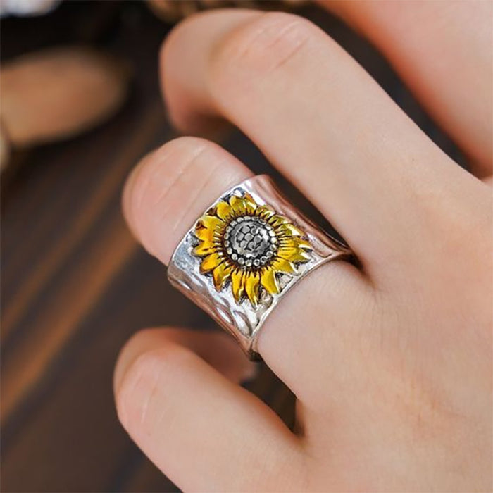 Anillo con estampado de girasol para parejas de hombres y mujeres, anillo de sol retro