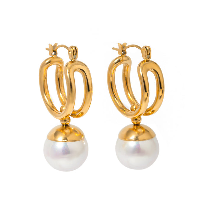 18K Gold Stainless Steel Round Pearl Pendant Earrings - Fashionable Titanium Steel Jewelry