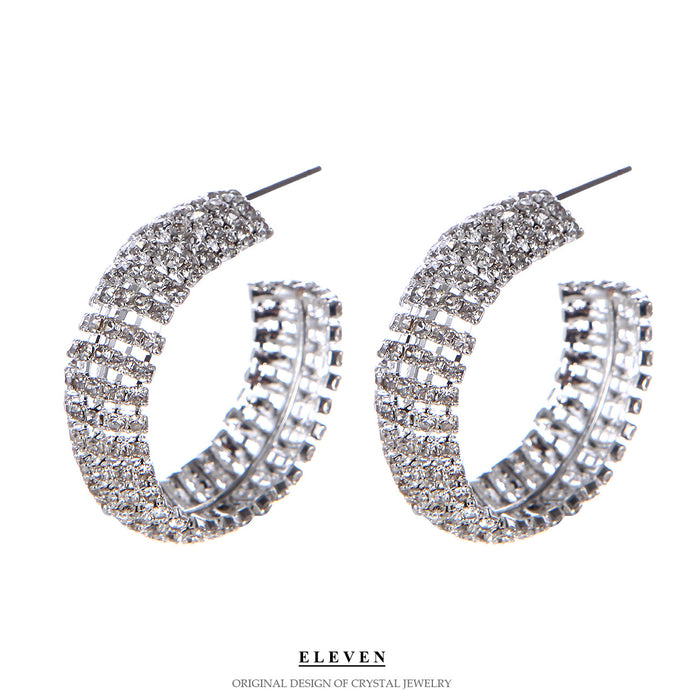 Full Rhinestone C-Shaped Earrings - Heavy Zircon Studs for a Unique Look