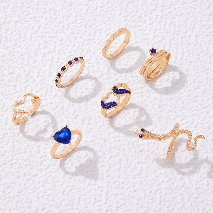 Vintage blue stacking diamond snake-shaped double heart seven-piece ring set