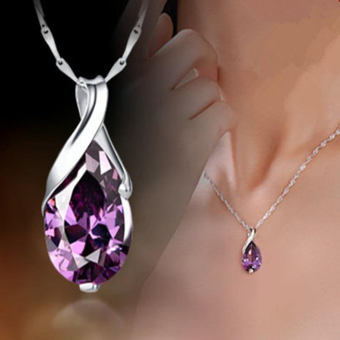 Purple Crystal Angel Tears Drop Pendant Necklace