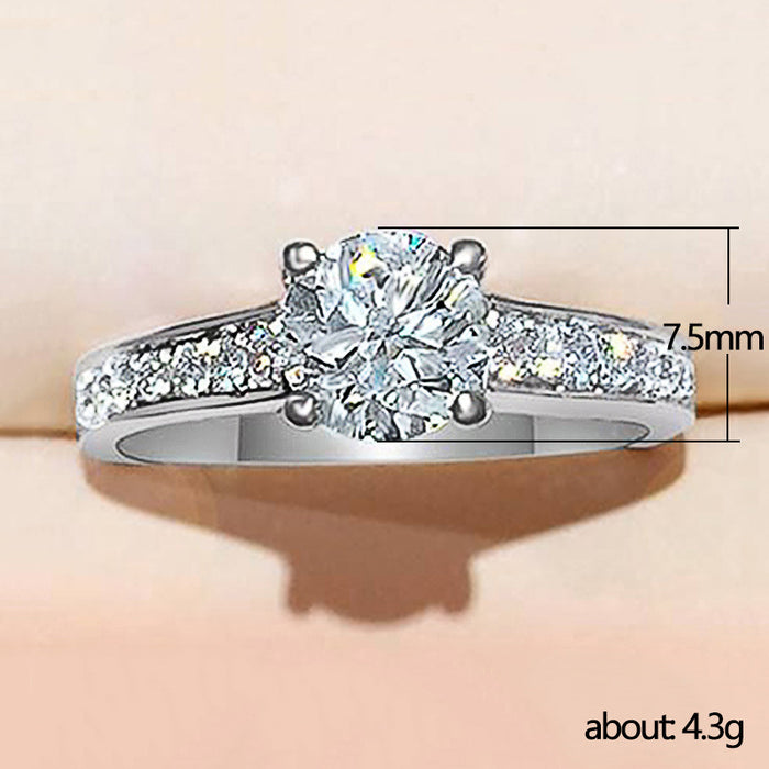 White gold plated zircon female ring, classic four-claw ring