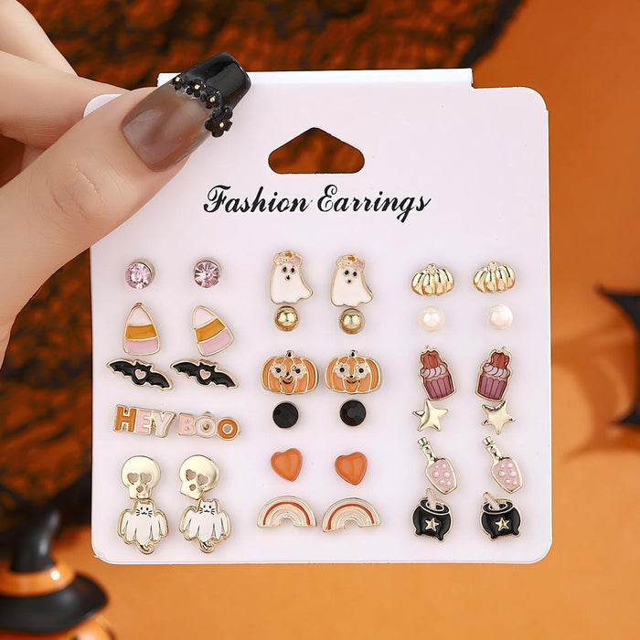 Wholesale Halloween Cartoon Stud Earrings Set - Spooky Pumpkin, Ghost & Bat Alloy Earring Multipack for Women