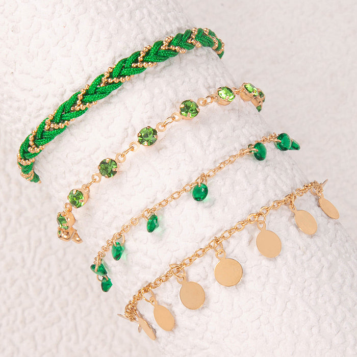 Woven Rope Green Tassel Anklet Set - Multilayer Rhinestone Jewelry