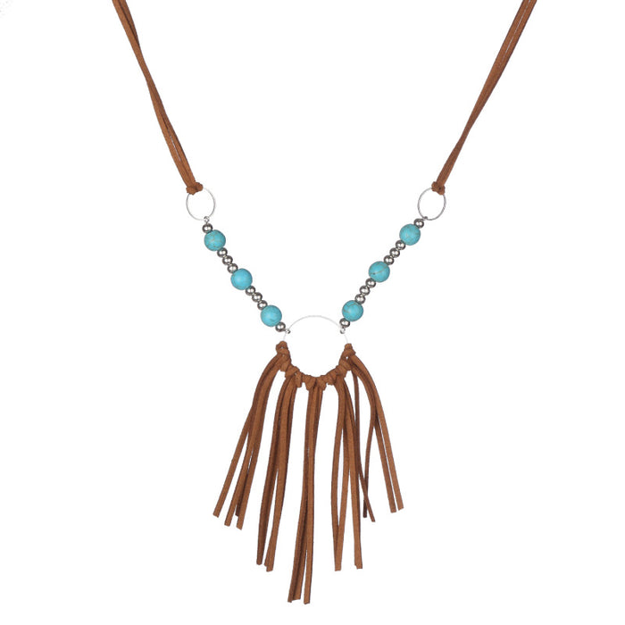 Turquoise Leather Fringe Necklace with Vintage Bohemian and Korean Velvet Details - wallojewerly 