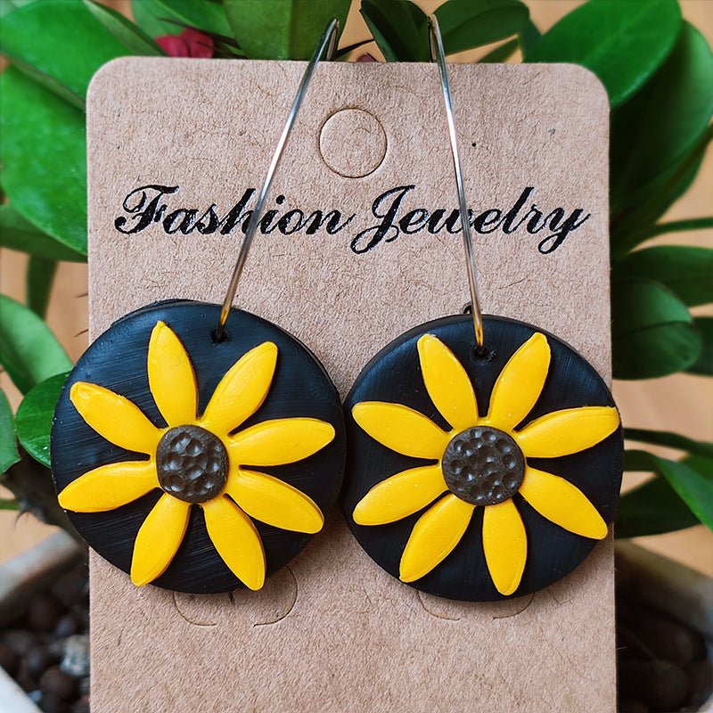 Handmade Sunflower Clay Earrings - Spring/Summer Vacation Style Jewelry