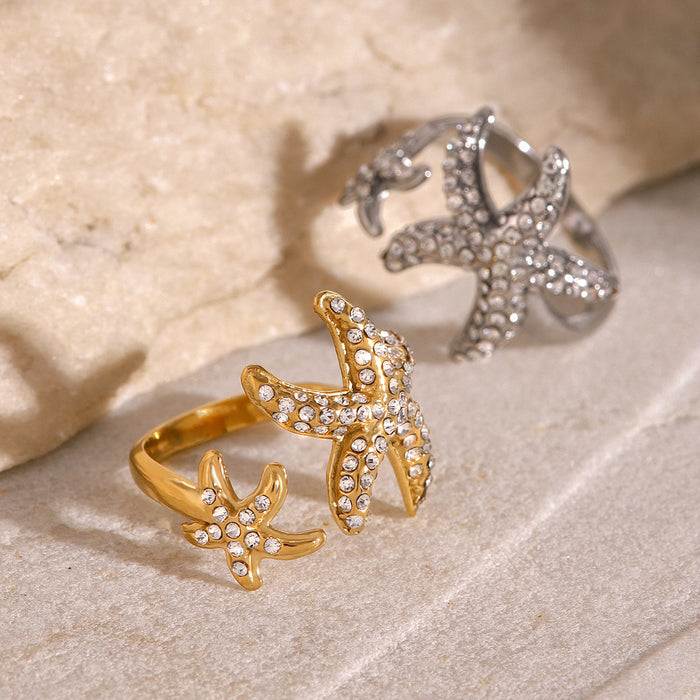 Stainless steel starfish open ring with full diamonds