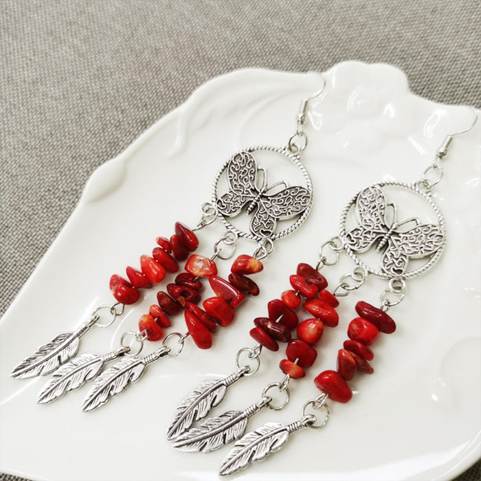 Antique Silver Plated Feather Earrings with Stone and Bohemian Ethnic Style