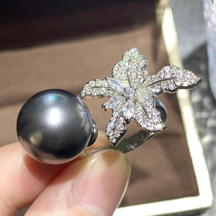 Inlaid imitation pearl flower ring starfish open ring