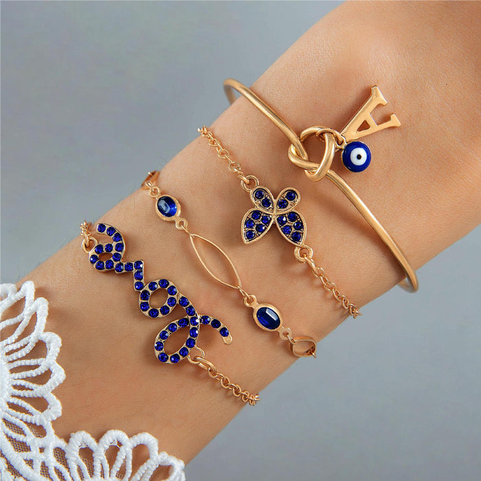 Conjunto de pulseras con letras de amor y ojo malvado con diamantes de imitación de zafiro de moda (cuatro piezas)