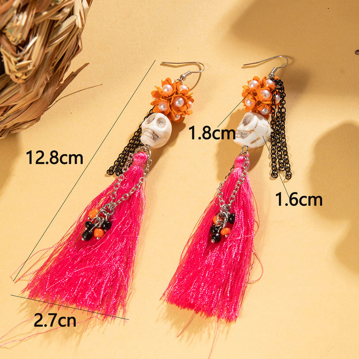 Halloween funny skull tassel rice bead earrings personality creative flower earrings for women