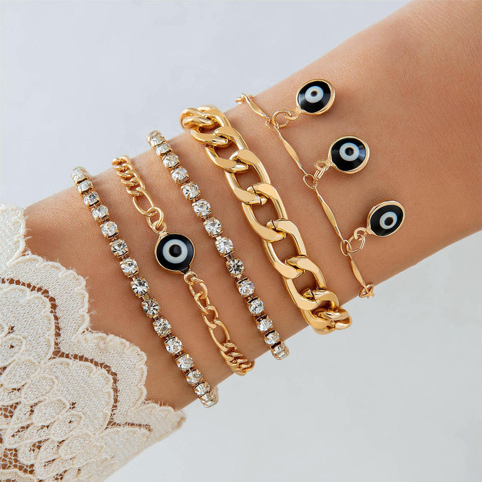 Conjunto de pulseras multicapa con colgante de ojo de moda europea: joyería minimalista con cadena de diamantes de imitación