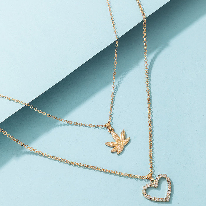 Diamond Heart Double Layer Necklace with Geometric Maple Leaf Multi-Layer Design