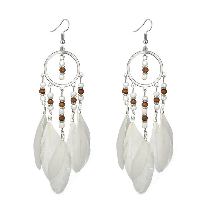 Ethnic style feather long earrings gold leaf round bead earrings