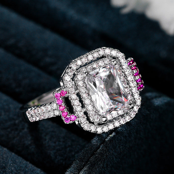 Pink diamond square princess ring European and American fashion engagement proposal