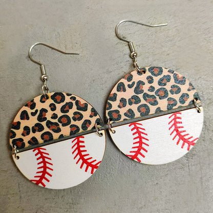 Sports Leopard Earrings with Half Circle Patchwork Baseball, Football, and Basketball Designs