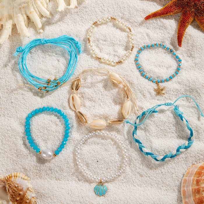 Bohemian Shell and Beaded Bracelet Set - Ocean Style Women's Jewelry with Faux Pearls and Starfish