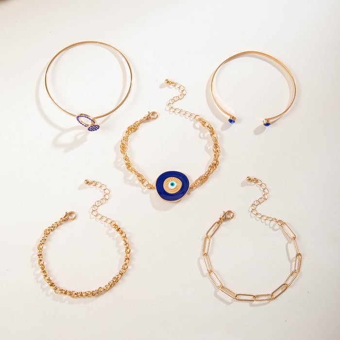 Stylish Blue Eye Bracelet Set - Women's Five-Piece Jewelry with Elegant Edges