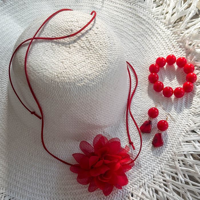 Conjunto de collar con lazo de rosa roja y pulsera de cuentas acrílicas: joyas para mujer con aretes a juego