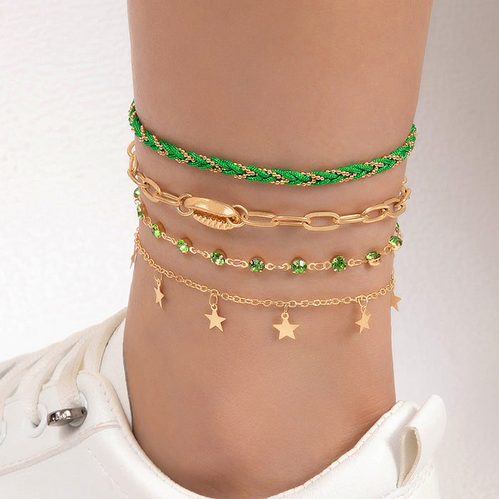 Green Rhinestone Tassel Anklet Set - Multilayer Boho Style Jewelry