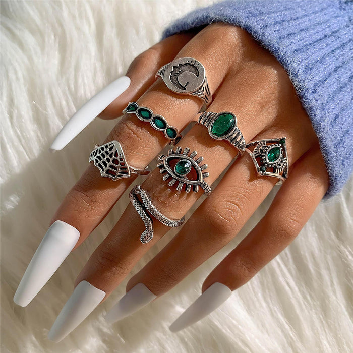 Luxury Gemstone Rhinestone Ring Set - Retro Geometric Open Five-Piece Set