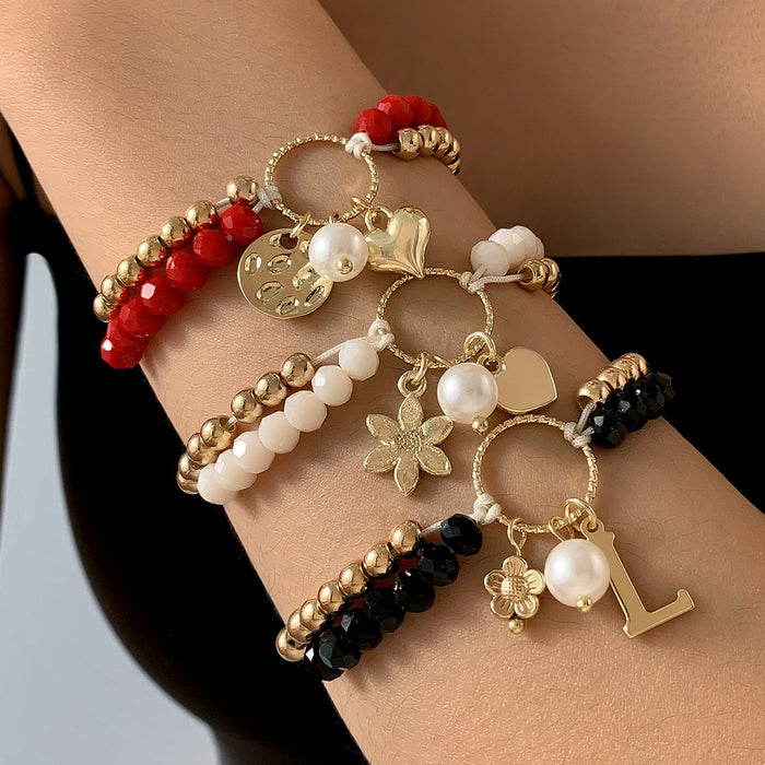 Vintage Beaded Flower Bracelet Set with Bohemian Heart Charms - Three Pieces