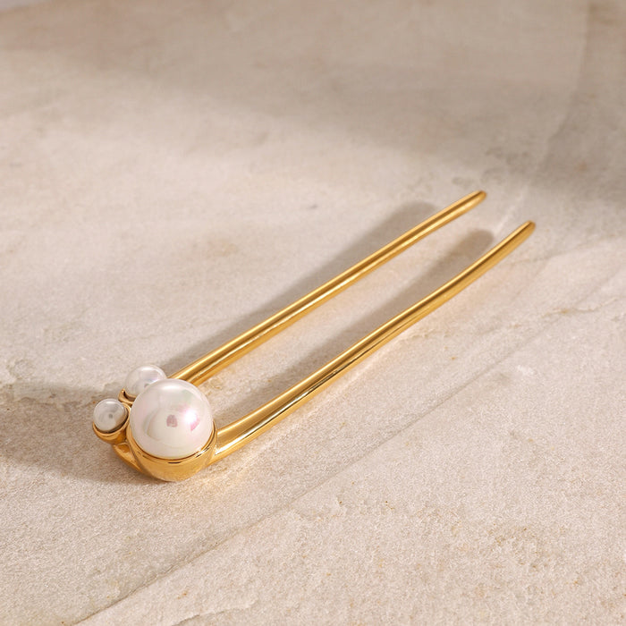 18k gold pearl hairpin, niche titanium steel headdress