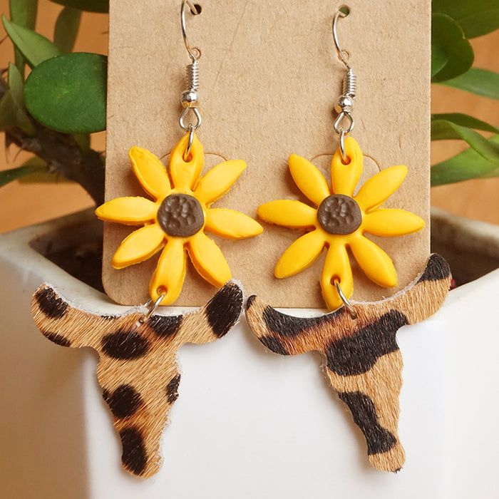 Pendientes de arcilla con diseño de girasoles en estilo vacacional: estampado de vaca, leopardo y cebra