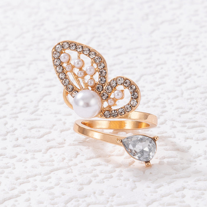 Exaggerated light luxury pearl diamond butterfly ring geometric hollow open single ring