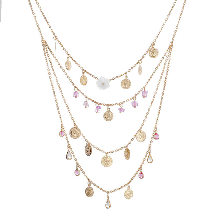 Bohemian Flower and Rhinestone Tassel Multi-Layer Necklace Set - Four Layers