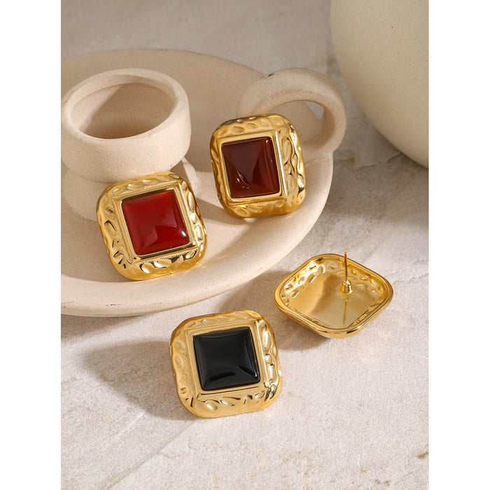 European Vintage Hammered Square Earrings - 18K Gold-Plated Stainless Steel Red Agate Jewelry for Women