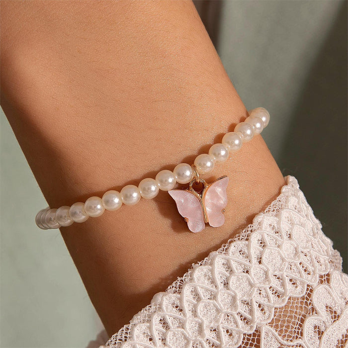 European Korean Fresh Pink Butterfly Pendant Bracelet - Luxury Faux Pearl Beaded Jewelry