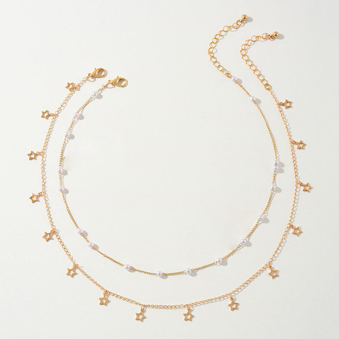 Double Layered Chain Necklace with Pearl and Star Pendants - Stylish Everyday Accessory