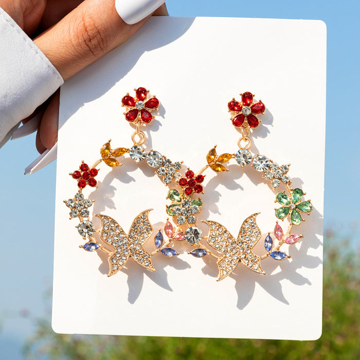 Colorful flower butterfly diamond earrings geometric wreath earrings