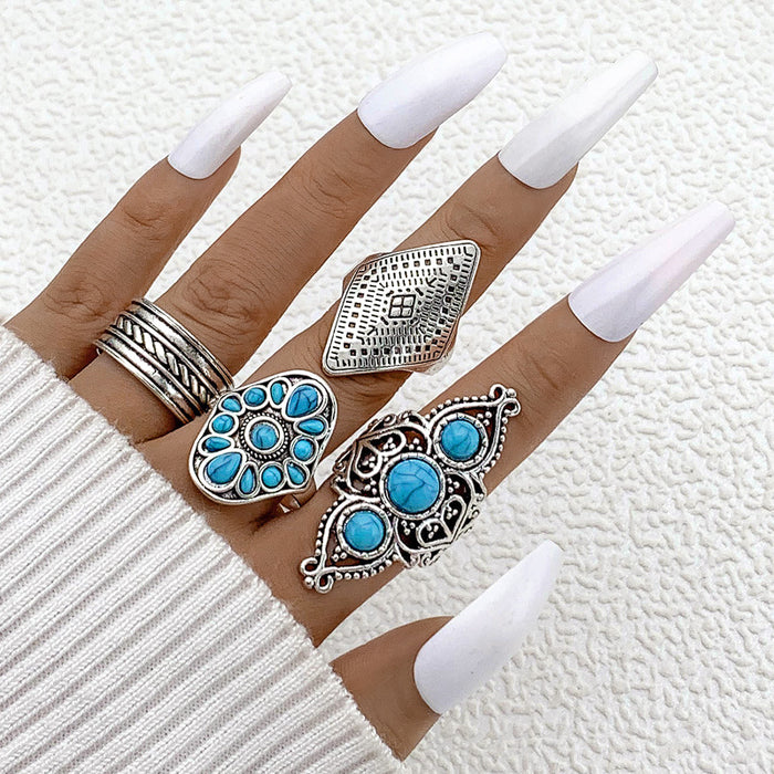 Vintage Turquoise Ring Set - 4pcs Ethnic Style Wheat Pattern Rings