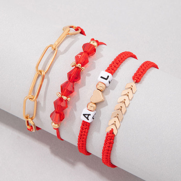 Heart Leaf Bracelet Set - Red String Four-Piece Women’s Jewelry