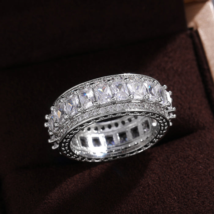 Luxury full inlaid T-shaped diamond zircon ring high-end square diamond ring