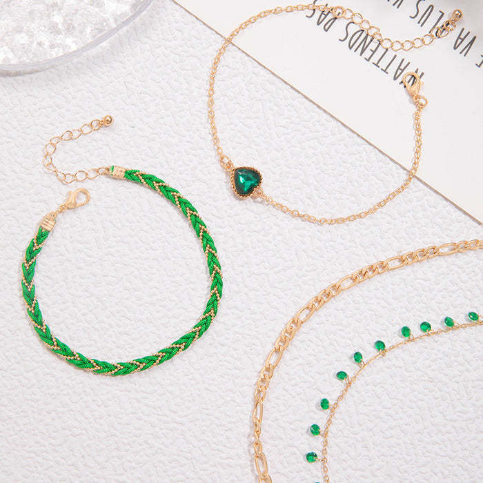 Green Heart Rhinestone Anklet Set with Woven Rope - Multilayer Beach Jewelry