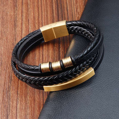 Bracelet Stainless Steel Leather Woven Multi Layer