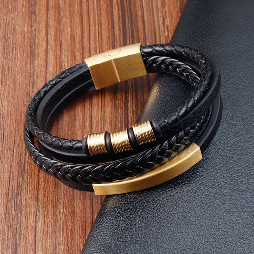 Bracelet Stainless Steel Leather Woven Multi Layer