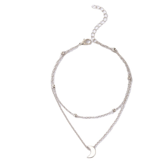 Silver Moon Double Layer Anklet with Geometric Crescent Bead Multi-Layer Chain