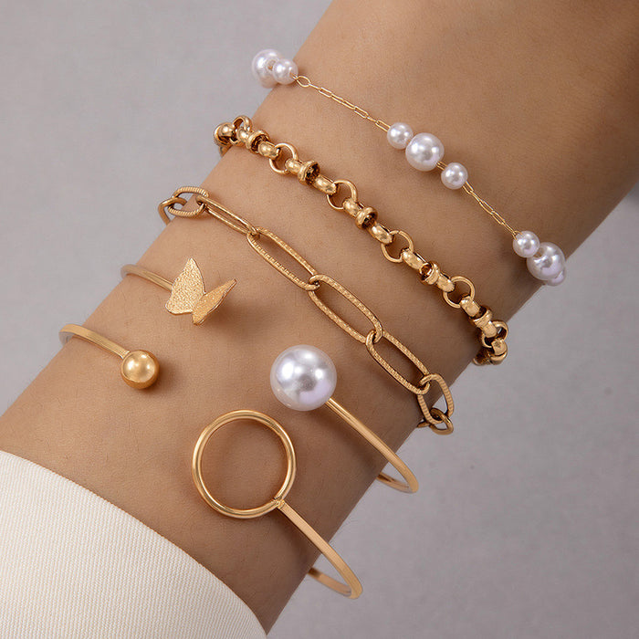 Exaggerated Pearl Chain Bracelet Set - Butterfly OT Bangle and Five-Piece Beaded Jewelry