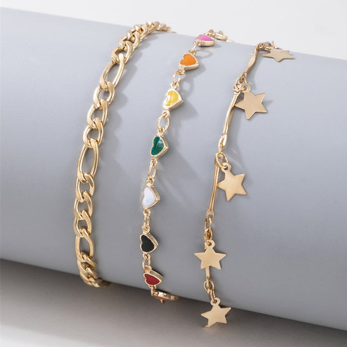 Beach Vacation Style Heart Star Shape Pendant Anklet Three-Piece Set