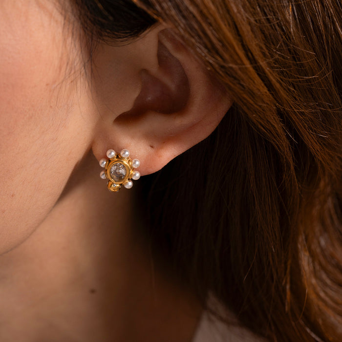 Pendientes de acero inoxidable chapado en oro de 18 quilates con circonitas y perlas: joyas geométricas para mujer