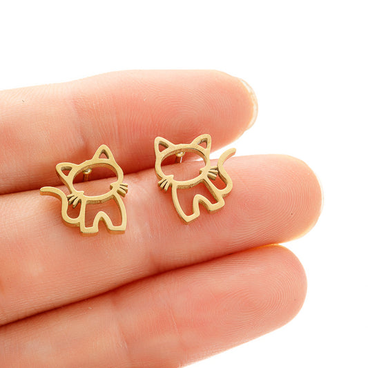 Pet cat earrings, European and American cross-border stainless steel simple cartoon cute small animal hollow earrings wholesale