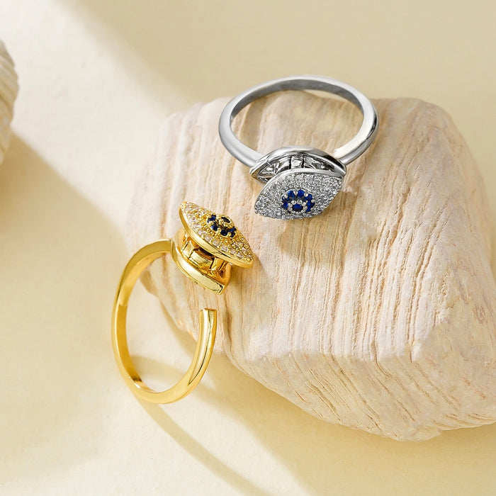 Wholesale diamond-encrusted blue-eyed evil eye rotating ring